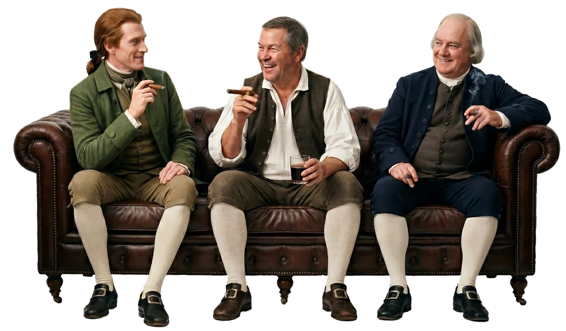 Three colonial gentlemen on a leather chesterfield sharing cigars in a lounge