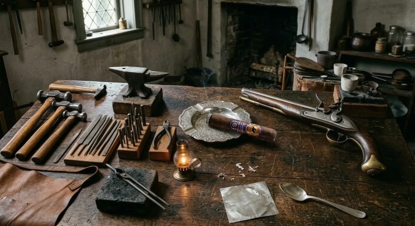 A colonial workbench with a Revere cigar resting on a pewter plate, lit lantern, and craftsman&rsquo;s tools