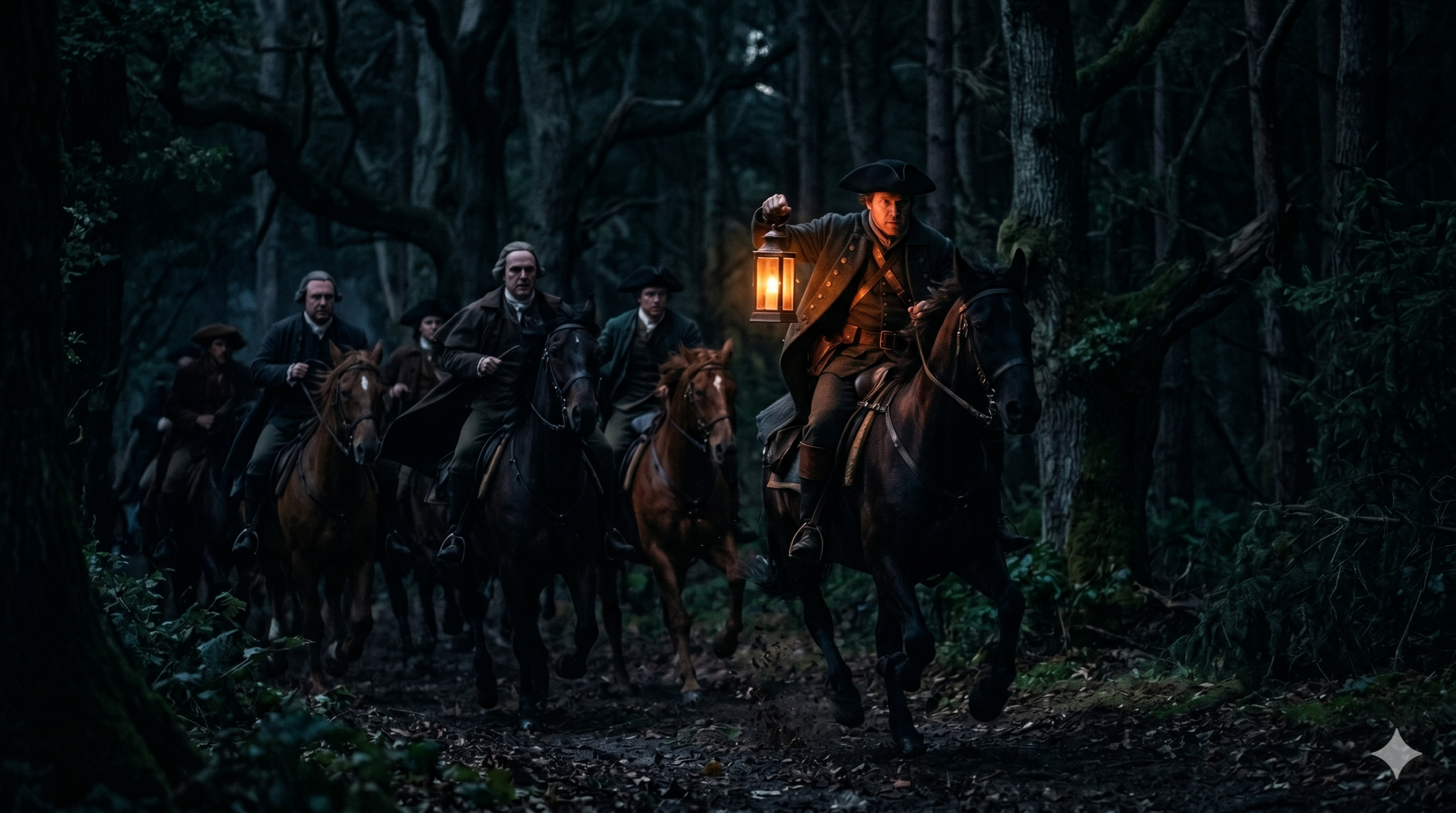 Riders carrying lanterns through a dark forest