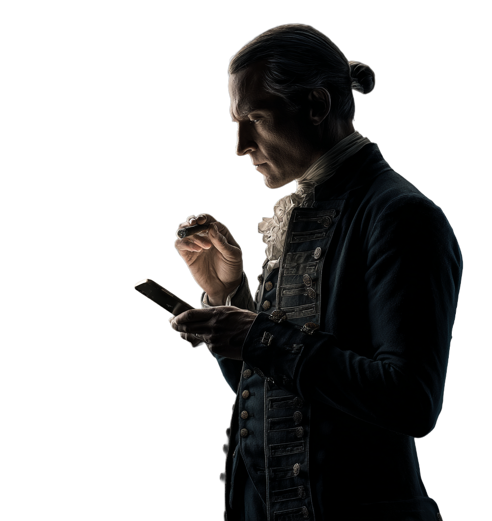 Silhouette of a colonial-era figure looking at a smartphone
